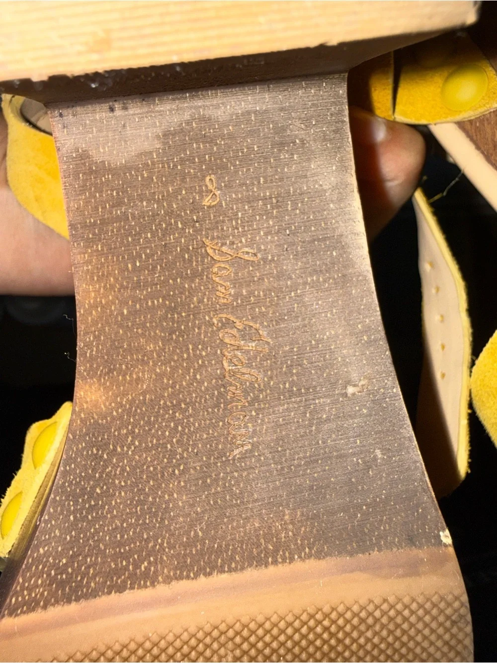 Sam Edelman Mustard Yellow Suede Platform Sandals with Wood-Look Block Heel